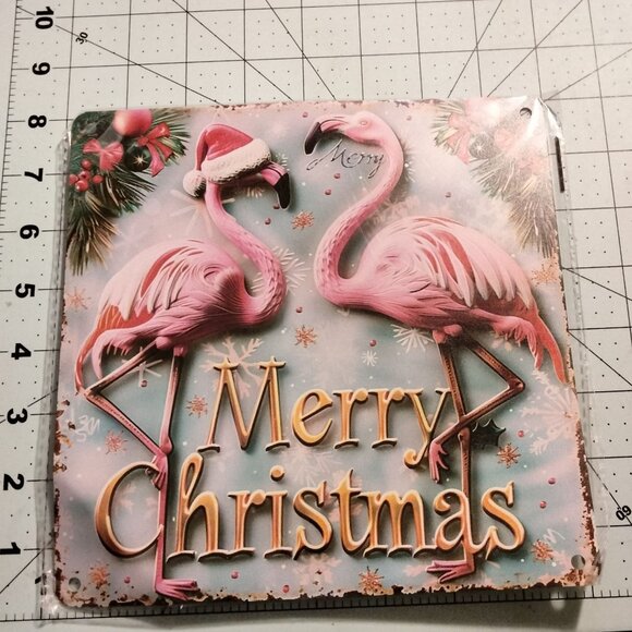 Flamingos Santa Hat Metal Plaque Merry Christmas Tropical Coastal - Picture 2 of 5